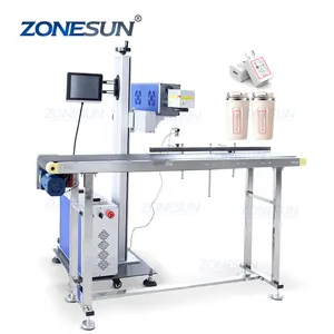 Zonesun ZS-LMC1 Automatische Hout Plastic Glazen Flessen 30W Online CO2 Vliegende Galvo Laser-markering Met Transportband