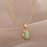 Collier simple en acier titane avec pendentif œil de chat ovale, design perlé, chaîne de clavicule de luxe légère, accessoires de bijoux