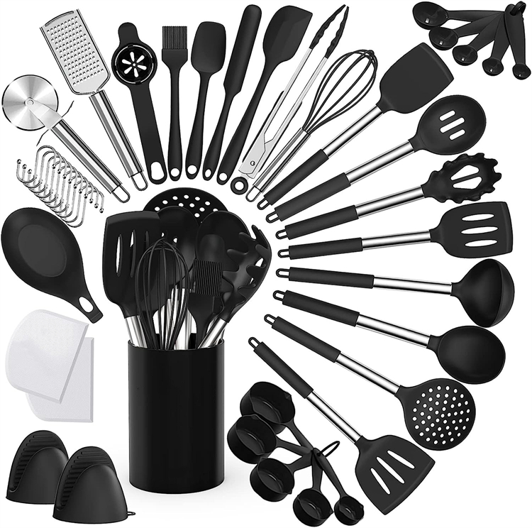 Conjunto de utensílios de cozinha em silicone com cabo de aço inoxidável, resistente ao calor, preto, 43 peças, com suporte