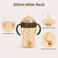 Biberon en silicone personnalisé de 300 ml avec tétine en silicone liquide, poignée, paille et bille lestée