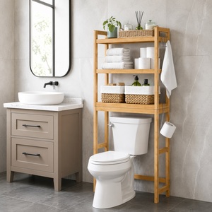 Étagère de rangement 3 niveaux <span class=keywords><strong>en</strong></span> <span class=keywords><strong>bambou</strong></span> naturel CF pour toilettes, avec crochets réglables et support pour papier toilette, autoportante et peu encombrante pour salle de bain - Product Image 1