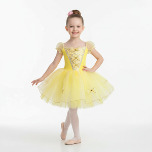 Robe tutu de ballet jaune pour filles, inspirée de Belle, avec manches bouffantes en tulle et corsage à paillettes dorées, idéale pour les récitals et les fêtes de princesses - Product Image 1