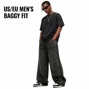 Vaqueros de mezclilla personalizados para hombre, estilo vintage, con parches de diamantes de imitación, Y2K, lavado efecto nieve, con diamantes y perlas, pantalones streetwear de corte holgado - Product Image 3