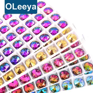 Oleeya Factory Top Quality 5A Bevel Glass Crystal AB Round Rivoli 12mm Flat Back Coloful Sew on Rhinestones Buttons for Bouquet