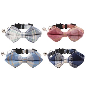 Collier à carreaux pour chat avec nœud papillon, sangle réglable avec clochette, en coton à carreaux pour petits chats, usage quotidien toutes saisons - Product Image 1