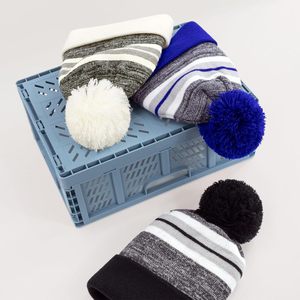 Stripe Beanie Hat With Pom Pom Winter Knit Cap For Men And Women Outdoor Ski Cap Keep Warm Blue Gray <b>White</b> <b>Acrylic</b> - Product Image 3