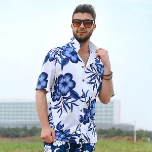 Özel moda tasarım tesisi % 60% pamuk % 40% Polyester baskı avuç içi çiçek plaj kıyafeti Aloha gömlek Mens için