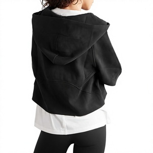 Women's Black Hooded Crop <b>Top</b> Fleece Sweatshirt With <b>Zipper</b> Front Casual Style Short Length Full Sleeve Solid Color Autumn Wear - Product Image 2