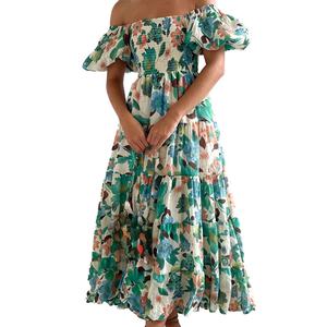 Vestido Casual Personalizado al por Mayor para Mujer, Ropa con Tela Personalizada, Vestido con Estampado Floral, Hombros Descubiertos o Cuello en U, con Puntada Smocking - Product Image 5