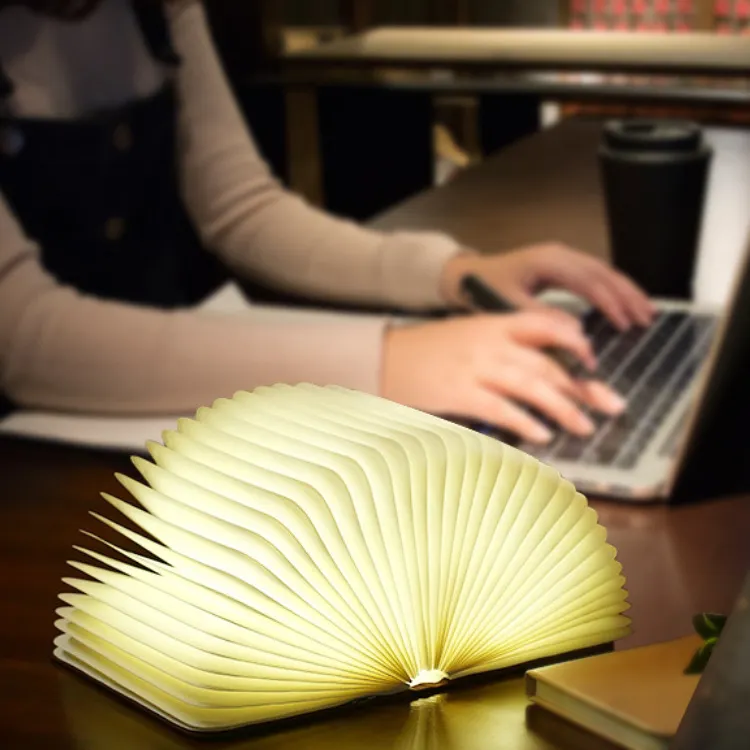 Portable Novelty Led Paper Lantern Usb Rechargeable Accordion Desk Night Light Folding Luminescent Pu Leather Book Shaped Lamp