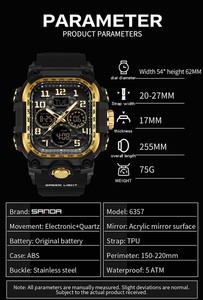 Sanda 6357 Reloj de pulsera multifuncional de doble pantalla para hombre, moderno, para estudiantes, resistente al agua para exteriores - Product Image 3