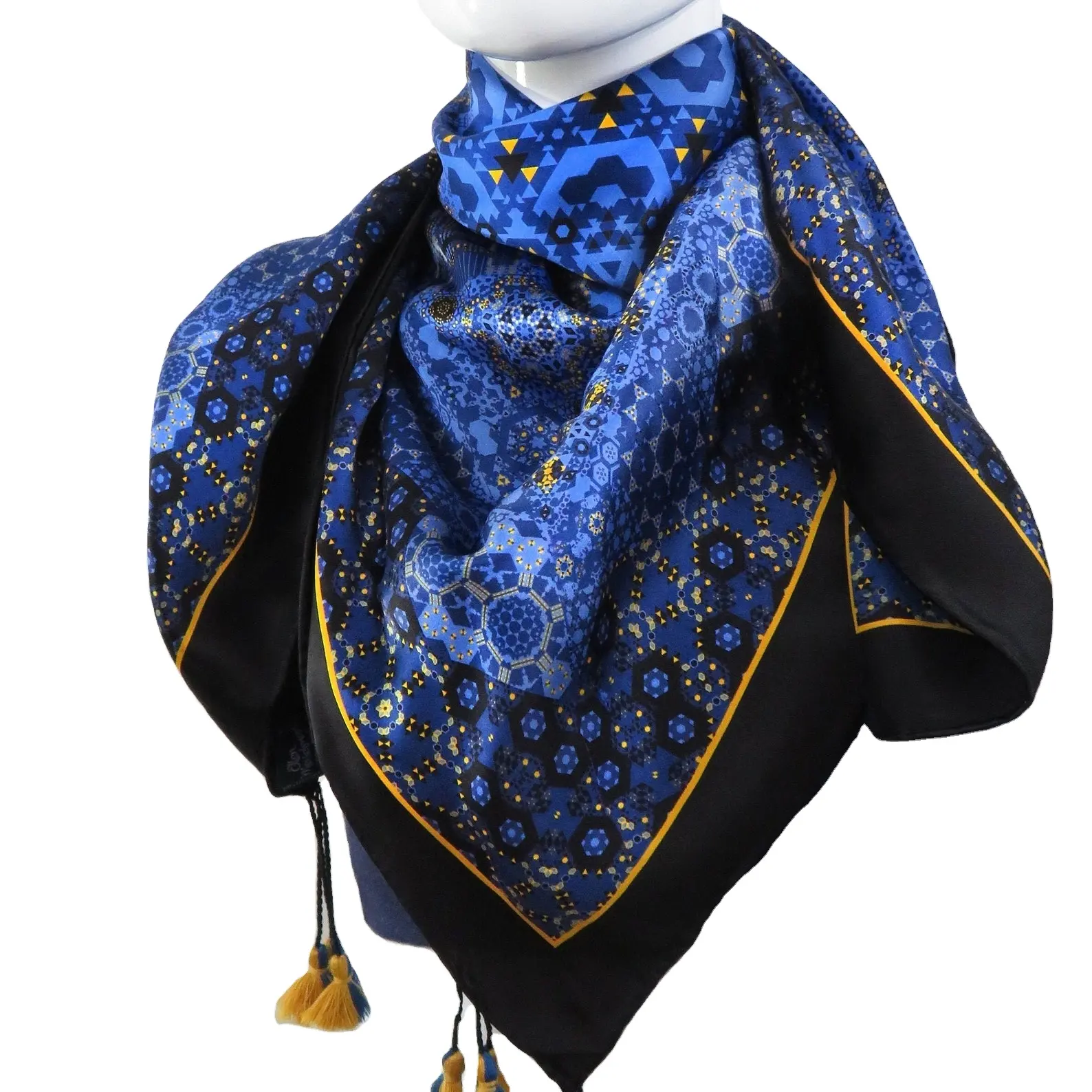 Custom Square Galileo Design Double-sided Tasseled Silk Scarf in blue for Women and Men Gift 100%Silk Scarf