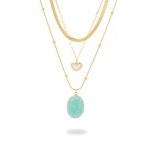 Collar con Colgante Ovalado de Amazonita, Acero Inoxidable con Baño de Oro de 18k, Resistente al Agua, para Mujer y Hombre, Aniversario, Diseño de Serpiente - Product Image 1