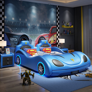 Lit enfant moderne en forme de voiture de course, lit enfant de luxe en bois et cuir - Product Image 2