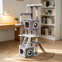 Arbre à chat multi-niveaux gris, poteaux à gratter en sisal, doubles condos en peluche, échelle et rampe, jouets suspendus, pour chatons d'intérieur