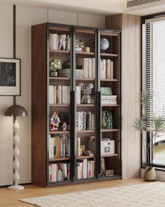 Modern Wood Bookcase With Glass Doors 6 Shelves <b>Storage</b> <b>Unit</b> For Home Office Living Room Furniture - Product Image 3