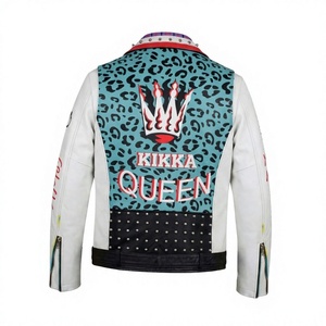 Women's <b>Leather</b> Moto <b>Jacket</b> Full Sleeve Hand Painted Dripping Print Rivet Collar Zipper Closure Turn-down Autumn Style Fully - Product Image 2