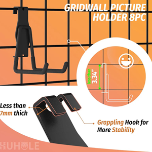 ตะขอแขวนผนังแบบตะแกรง 8 ชิ้น รับน้ำหนักได้มาก ผลิตจากเหล็กเคลือบผง ทนทาน รับน้ำหนักได้ 30 ปอนด์ สีดำ ตะขอแขวนเก็บของแบบตะแกรง ผลิตตามแบบ OEM - Product Image 4