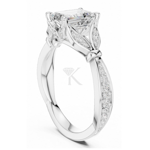 Anillo de compromiso con corte esmeralda en oro amarillo, diseño de hoja inspirado en la naturaleza, anillo de diamantes estilo vintage con tallo dividido, anillo de promesa elegante - Product Image 4