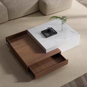 Mesa de Centro Cuadrada con Almacenamiento, Superficie de Piedra Resistente y Base de Madera Oscura, Mueble de Diseño Moderno para Sala de Estar. - Product Image 1
