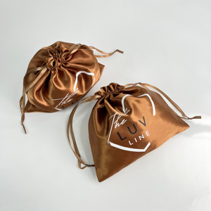 Custom Logo Satin Bags for Hair Extensions & Jewelry - Brown Silk <b>Drawstring</b> <b>Pouches</b> for Small Business - Product Image 6