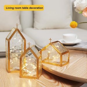 LANJO Gold Metal & Textured Glass House-Shaped Candle Holders for Elegant Home Decor Brass Metal <b>Lanterns</b> <b>Set</b> Of 3 - Product Image 2