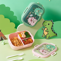 Lonchera Infantil de 3 Compartimentos, Apta para Microondas, de Calidad Alimentaria, para Estudiantes de Primaria, Diseño de Dinosaurio