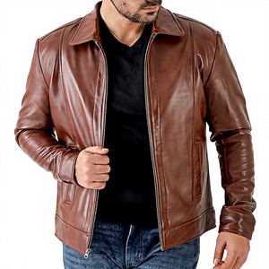 Chaqueta de Motociclista de Cuero Marrón para Hombre, Cuello Camisero, Cierre de Cremallera, Corte Regular, para Otoño - Product Image 1