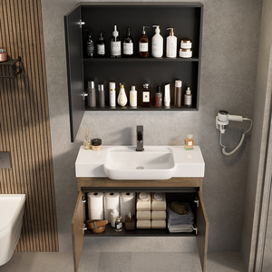 <span class=keywords><strong>Mobile</strong></span> <span class=keywords><strong>Bagno</strong></span> Moderno Sospeso in Alluminio a Nido d'Ape con Finitura Noce, Specchio LED Intelligente e Lavabo in Ceramica - Set Unità Hotel - Product Image 6
