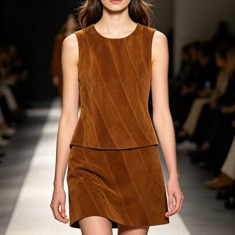 6903 Women's Slim Spliced Stripe Casual Waistcoat Round Neck Color Block Suede Sheepskin Vest