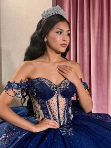 Ruolai QD060 2026 gaun bola biru dongker gaun Quinceanera manik-manik Applique berkilau manis 16 Vestidos De 15 Anos - Product Image 3