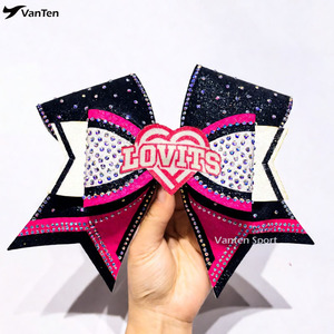 Lazos de Animadoras Personalizados con Logotipo, de Alta Calidad, Triple Threat, en Verde Neón, Rosa y Azul Rey, Lazos Grandes con Cola Completamente Decorada con Pedrerí<span class=keywords><strong>a</strong></span> - Product Image 2