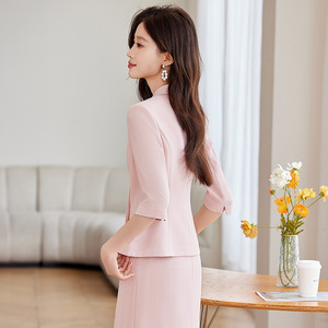 Women's Light Blue Suit Set Three Quarter Sleeve Blazer And Pencil Skirt Elegant Business Commute Spring Autumn Wear - Product Image 4