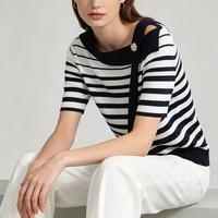 T-shirt fin d'été Tyan pour femme, col carré français, tricoté en fil coloré, coupe ajustée, manches courtes, motif perforé pêche
