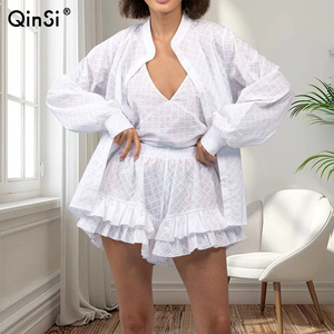 QINSI Autumn Plaid Women Nightwear Pajamas O Neck Full Sleeves <strong>Top</strong> Lace up <strong>Vest</strong> Shorts 3 Piece Pajamas Casual Lounge Wear Set - Product Image 1