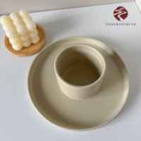 Japanese Style Tableware Reactive Blue Kiln Glazed Restaurant Crockery Set Flat Ceramic Dinner Plates and Cups Set
