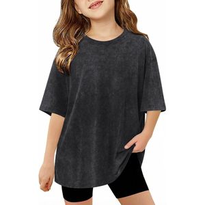 Camiseta Oversize para Niñas FOXA, Algodón, Verano, Manga Corta, Cuello Redondo, Estilo Básico Unisex para Niños, Lavado Ácido - Product Image 1