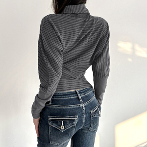 Y2K Vintage Stripe Print Women's Long Sleeve T-Shirt Lapel Knit Loose Plus Size Casual Sport <b>Top</b> - Product Image 6