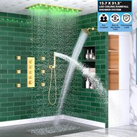 Système de douche LED double effet pluie 16"x32" avec pommeau de douche brossé + douchette inclinable 2-en-1 6" à effet pluie, 6 jets latéraux et robinet thermostatique