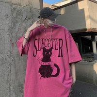 T-shirt Homme en Coton Pur Épais, Motif Dessin Animé Personnalisé, Effet Délavé Vintage, Manches Couleur Personnalisée, Coupe Ample, Style Hip-Hop, Streetwear