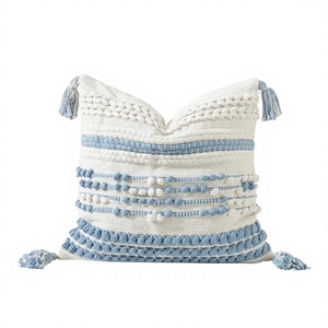 Bohemian Cotton <b>Throw</b> Pillow Square Striped <b>Blue</b> White Decorative Cushion Cover Handmade Washable - Product Image 1