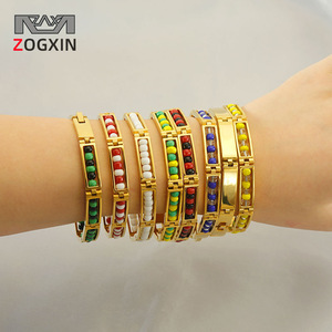Zogxin Gold Titanium Steel Beaded Bracelet For Women 18K Plated Channel Setting Everyday Wear Jewelry Bangle ZH344G - Product Image 1