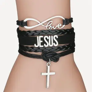 Infinity Love Jesus Cross Pulsera de cuero Multicapa Wrap Cross Pulseras de cuero cristiano para hombres Mujeres Regalos religiosos