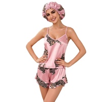Ensemble de pyjama 3 pièces pour femme en satin imprimé léopard P672 avec caraco, short à volants et bonnet de nuit à col en V