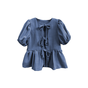 Top de manga farol con cordones, blusas de lino y algodón para niña, camiseta bonita para niños - Product Image 4