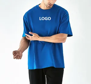Zware Katoenen Oversized Heren T-Shirt Zomer Korte Mouw Custom Logo Blauw Heren T-Shirt