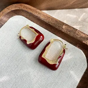Retro 925 Silver Pin Wine Red U Shaped Geometric Clip Earring Gold Plated Irregular Drop Chunky Square Hoop Earrings For Women