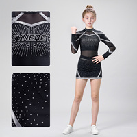 Tenue de cheerleading personnalisée pour filles, noire et argentée, avec strass, haut court en maille à manches longues et jupe, pour compétition d'équipe et spectacle