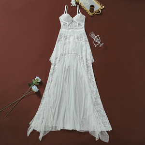 Dames witte kanten korset maxi-jurk gelaagde ruches pure mesh lange nachtjapon lingerie S-L - Product Image 6
