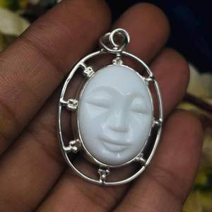 925 argent Sterling os lune visage pendentif fait à la main Boho collier lunette réglage rhodium plaqué or ovale sculpture pierre naturelle - Product Image 5